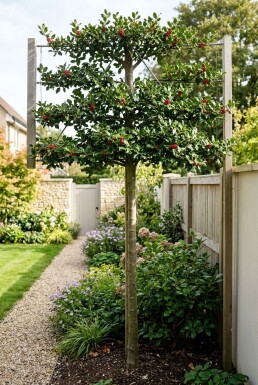 Ilex 'Nellie R. Stevens' arbre palissé hauteur de tige 180 cm treillis 150 x 120 cm C45
